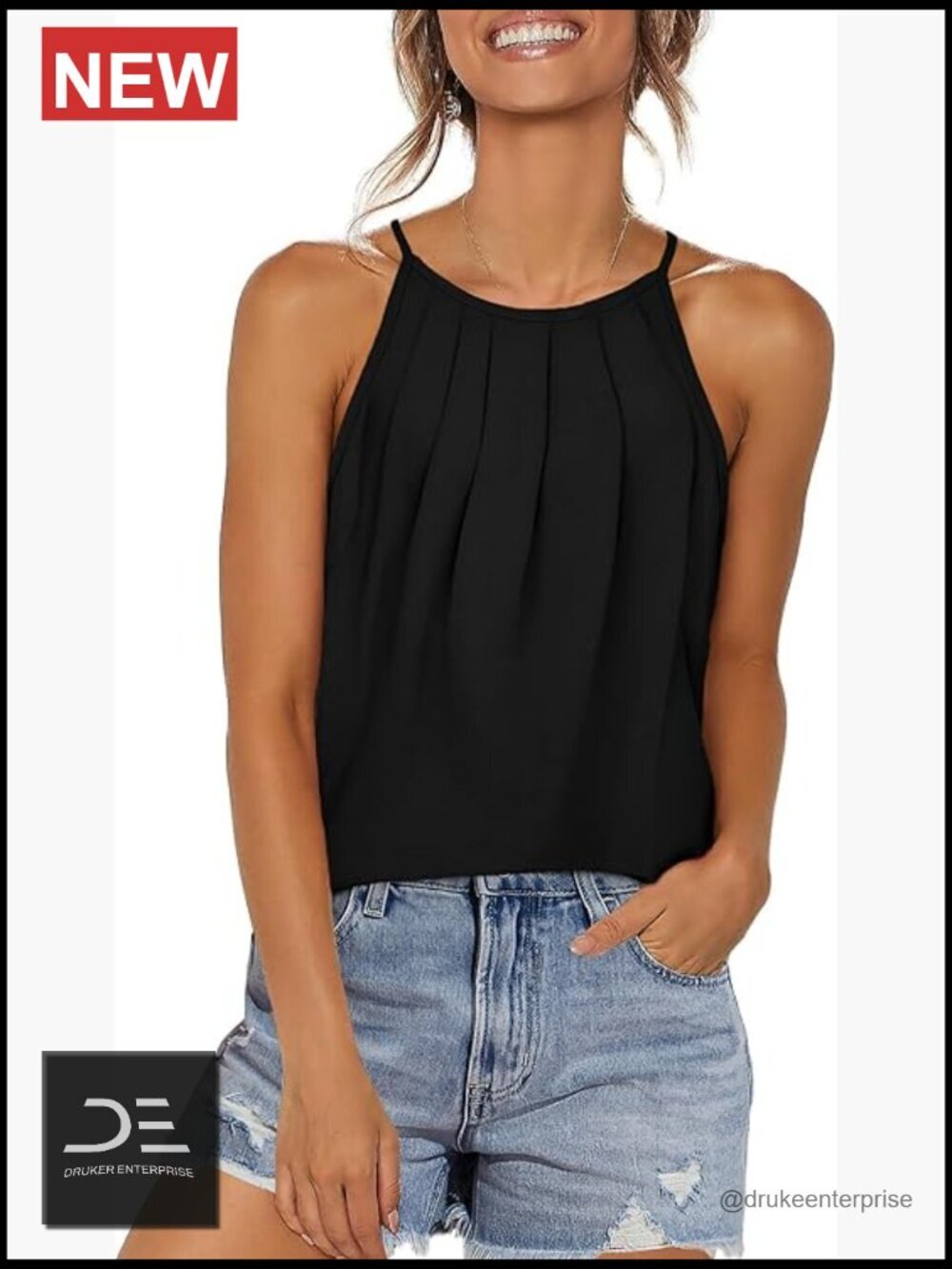 Pleated Tank Tops Spaghetti Strap Camisole Halter Curved Hem Loose Fit